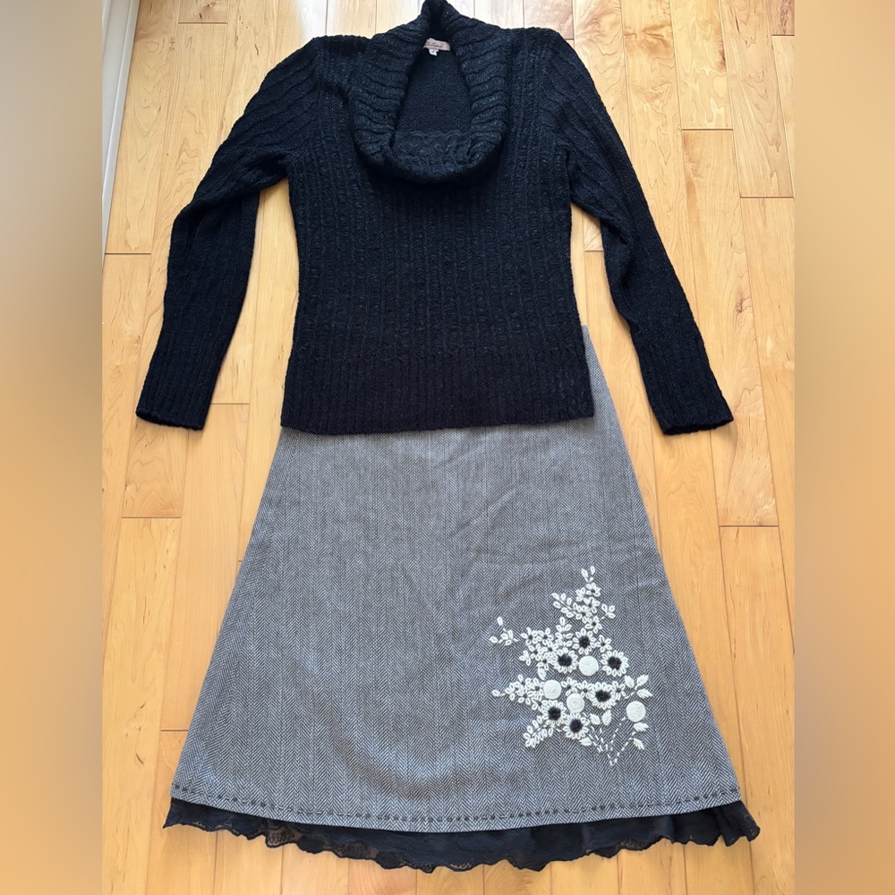 Black Knit Sweater with lace and Gray embroidered Skirt Set with lace